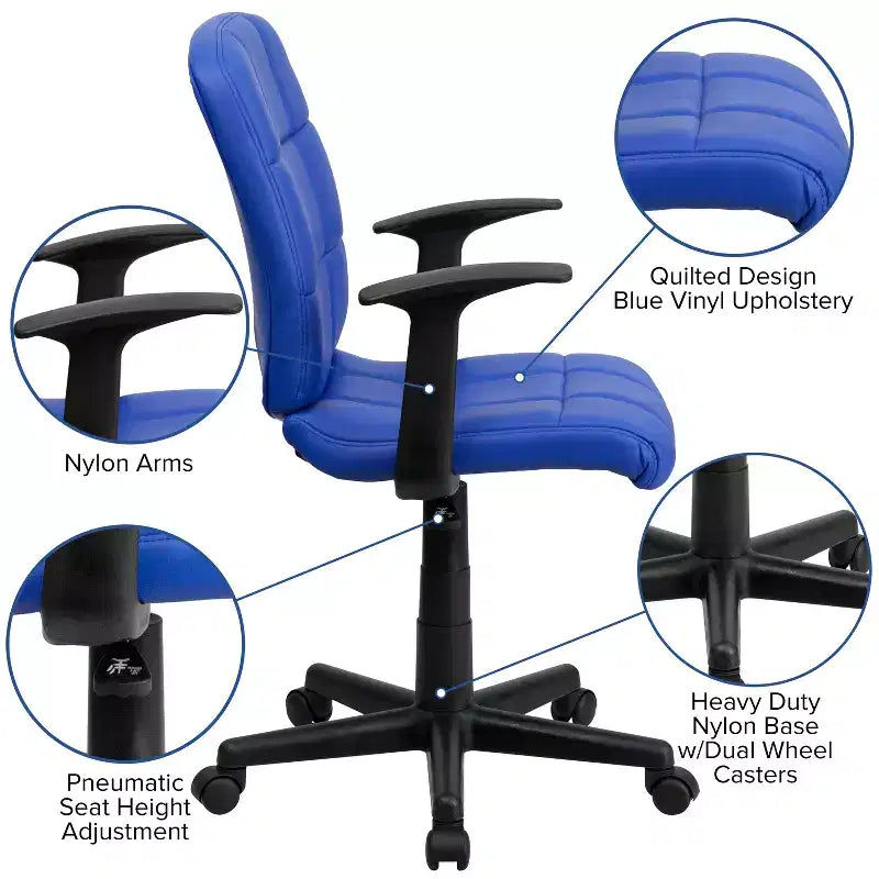 Chaise de bureau pivotante en vinyle matelassé mi-hauteur avec accoudoirs