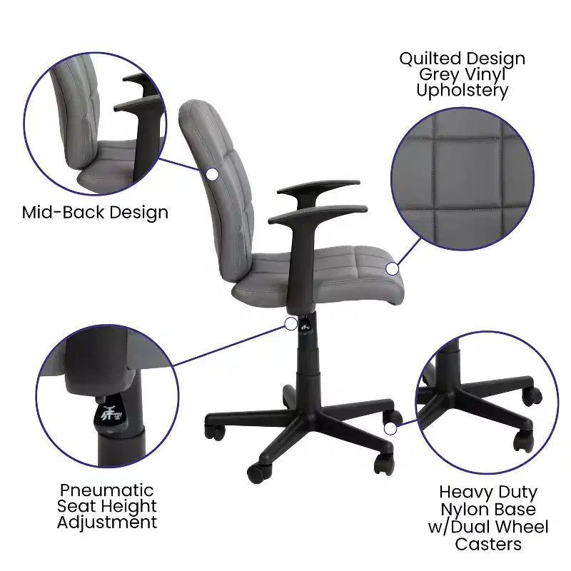 Chaise de bureau pivotante en vinyle matelassé mi-hauteur avec accoudoirs