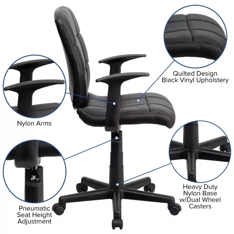 Chaise de bureau pivotante en vinyle matelassé mi-hauteur avec accoudoirs