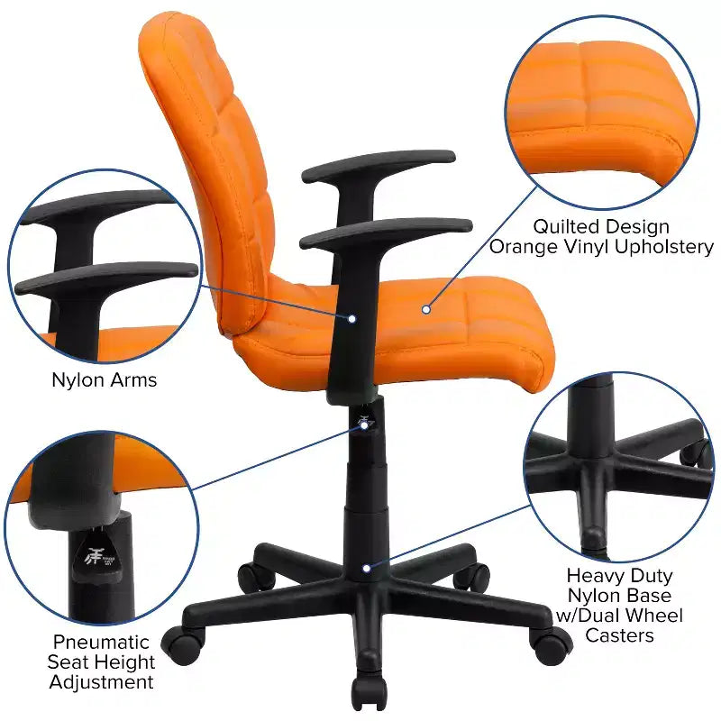 Chaise de bureau pivotante en vinyle matelassé mi-hauteur avec accoudoirs