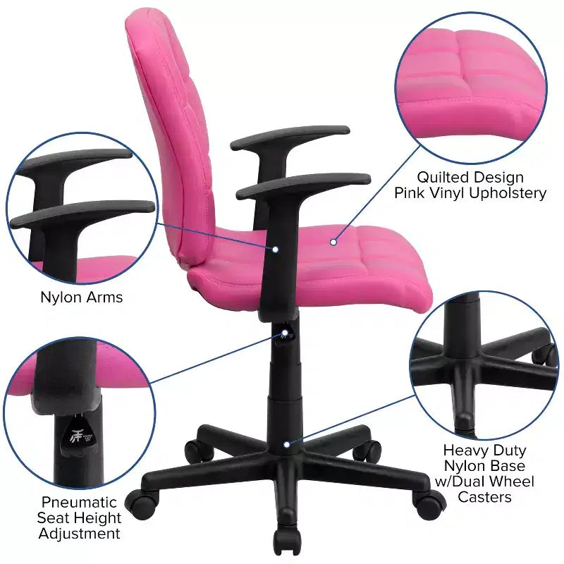 Chaise de bureau pivotante en vinyle matelassé mi-hauteur avec accoudoirs