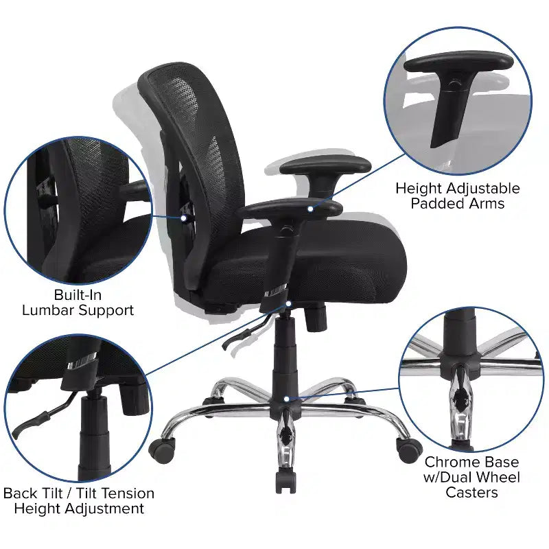 Chaise de bureau ergonomique en maille noire grande taille, dossier réglable en hauteur, supporte 180 kg