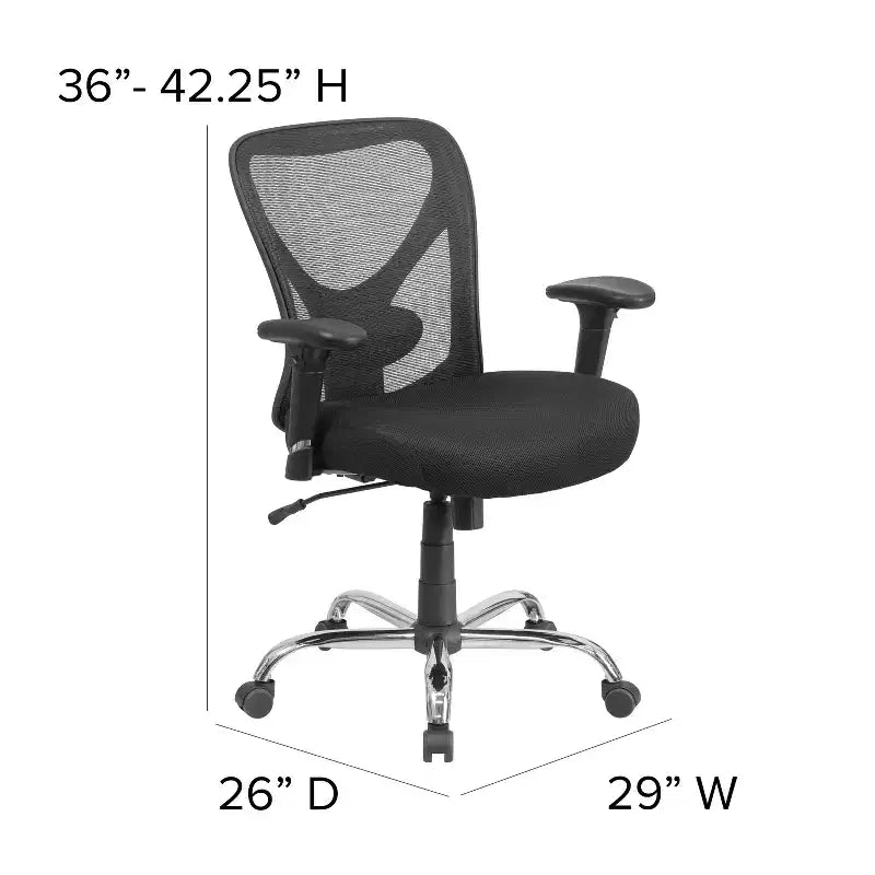 Chaise de bureau ergonomique en maille noire grande taille, dossier réglable en hauteur, supporte 180 kg