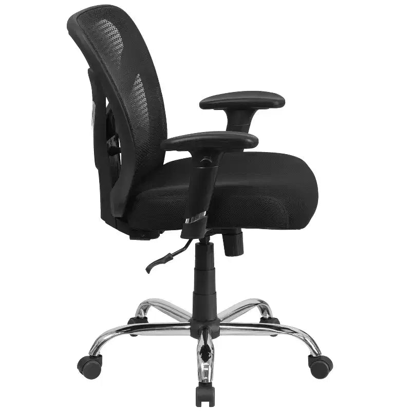 Chaise de bureau ergonomique en maille noire grande taille, dossier réglable en hauteur, supporte 180 kg