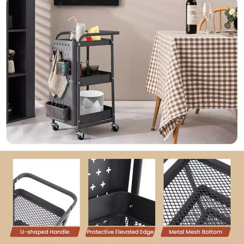 Chariot de rangement roulant à 3 niveaux avec double panneau perforé DIY, Chariot de service utilitaire mobile en métal sur roulettes pour cuisine et bureau