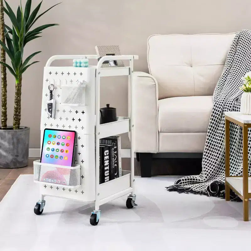Chariot de rangement roulant à 3 niveaux avec double panneau perforé DIY, Chariot de service utilitaire mobile en métal sur roulettes pour cuisine et bureau