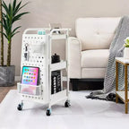 Chariot de rangement roulant à 3 niveaux avec double panneau perforé DIY, Chariot de service utilitaire mobile en métal sur roulettes pour cuisine et bureau
