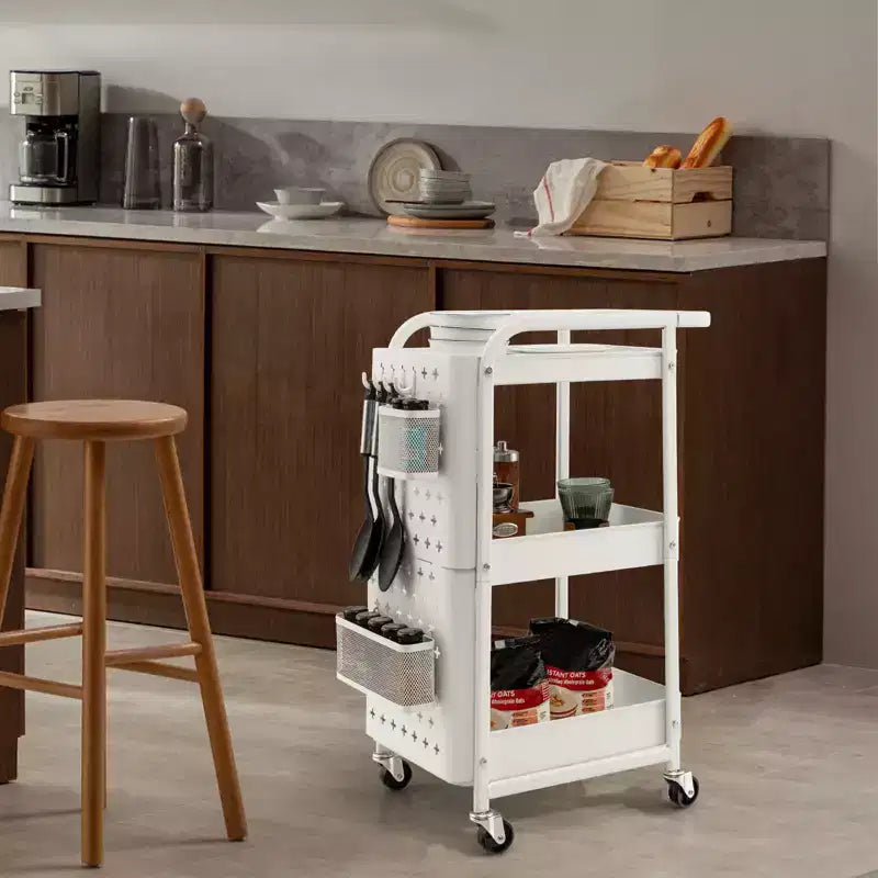 Chariot de rangement roulant à 3 niveaux avec double panneau perforé DIY, Chariot de service utilitaire mobile en métal sur roulettes pour cuisine et bureau