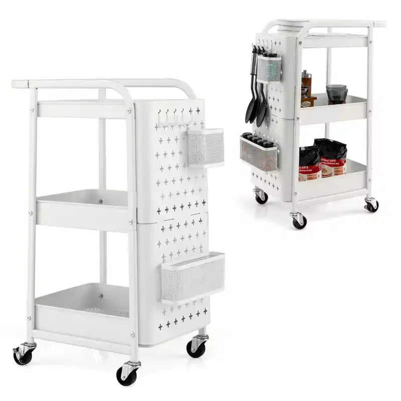 Chariot de rangement roulant à 3 niveaux avec double panneau perforé DIY, Chariot de service utilitaire mobile en métal sur roulettes pour cuisine et bureau