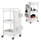 Chariot de rangement roulant à 3 niveaux avec double panneau perforé DIY, Chariot de service utilitaire mobile en métal sur roulettes pour cuisine et bureau