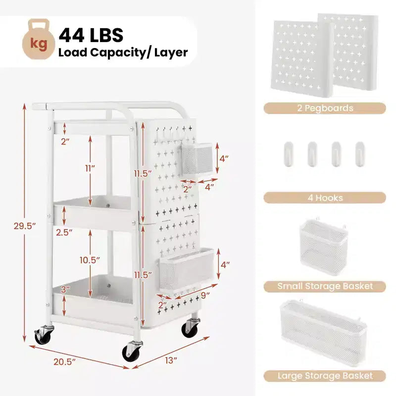 Chariot de rangement roulant à 3 niveaux avec double panneau perforé DIY, Chariot de service utilitaire mobile en métal sur roulettes pour cuisine et bureau