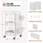 Chariot de rangement roulant à 3 niveaux avec double panneau perforé DIY, Chariot de service utilitaire mobile en métal sur roulettes pour cuisine et bureau