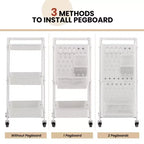Chariot de rangement roulant à 3 niveaux avec double panneau perforé DIY, Chariot de service utilitaire mobile en métal sur roulettes pour cuisine et bureau