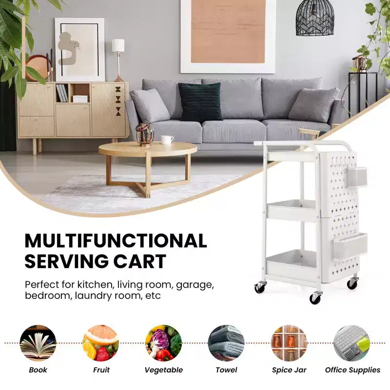 Chariot de rangement roulant à 3 niveaux avec double panneau perforé DIY, Chariot de service utilitaire mobile en métal sur roulettes pour cuisine et bureau