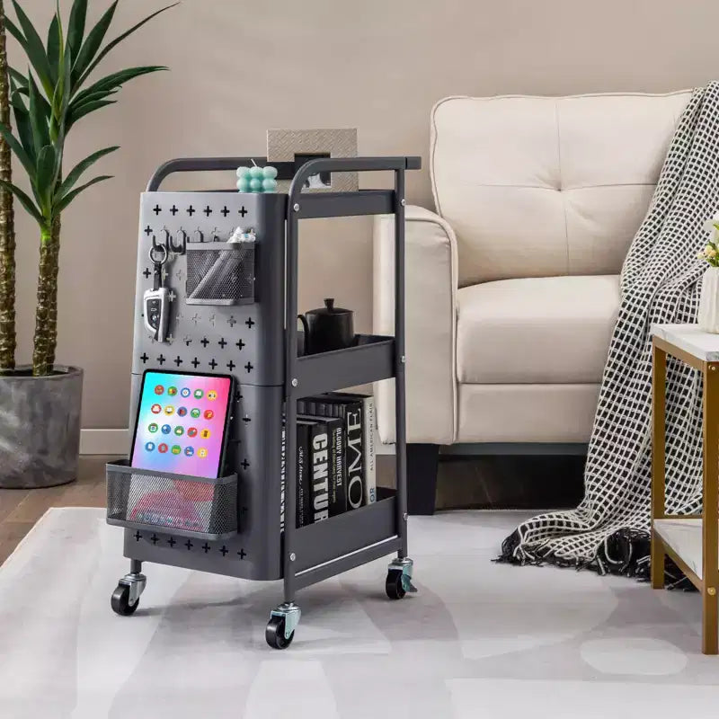 Chariot de rangement roulant à 3 niveaux avec double panneau perforé DIY, Chariot de service utilitaire mobile en métal sur roulettes pour cuisine et bureau