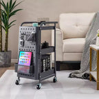 Chariot de rangement roulant à 3 niveaux avec double panneau perforé DIY, Chariot de service utilitaire mobile en métal sur roulettes pour cuisine et bureau