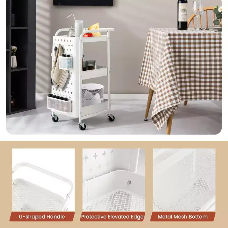 Chariot de rangement roulant à 3 niveaux avec double panneau perforé DIY, Chariot de service utilitaire mobile en métal sur roulettes pour cuisine et bureau