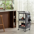 Chariot de rangement roulant à 3 niveaux avec double panneau perforé DIY, Chariot de service utilitaire mobile en métal sur roulettes pour cuisine et bureau