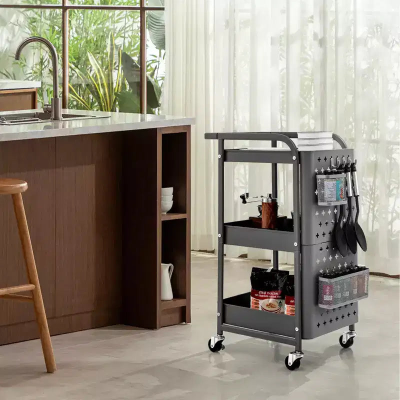 Chariot de rangement roulant à 3 niveaux avec double panneau perforé DIY, Chariot de service utilitaire mobile en métal sur roulettes pour cuisine et bureau