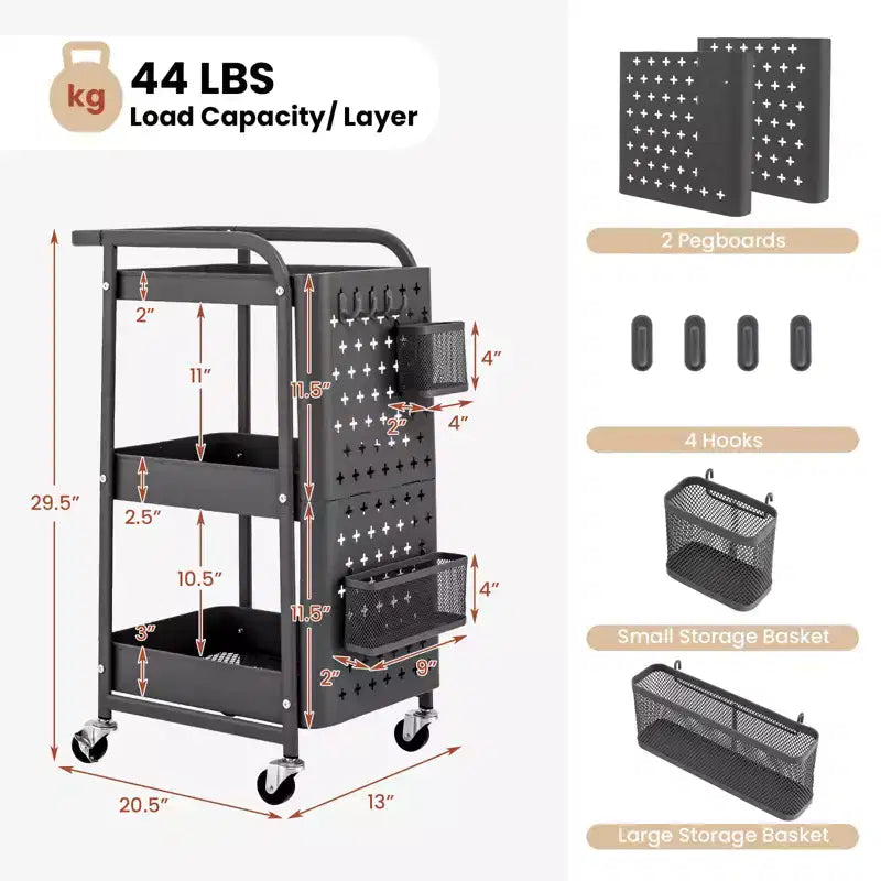 Chariot de rangement roulant à 3 niveaux avec double panneau perforé DIY, Chariot de service utilitaire mobile en métal sur roulettes pour cuisine et bureau