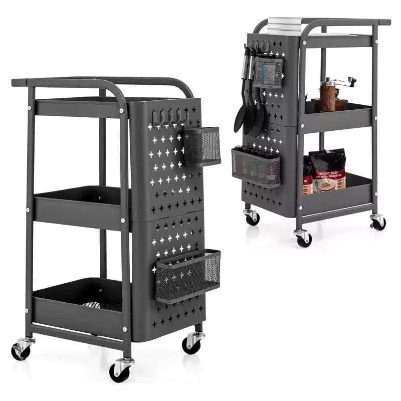 Chariot de rangement roulant à 3 niveaux avec double panneau perforé DIY, Chariot de service utilitaire mobile en métal sur roulettes pour cuisine et bureau