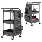 Chariot de rangement roulant à 3 niveaux avec double panneau perforé DIY, Chariot de service utilitaire mobile en métal sur roulettes pour cuisine et bureau