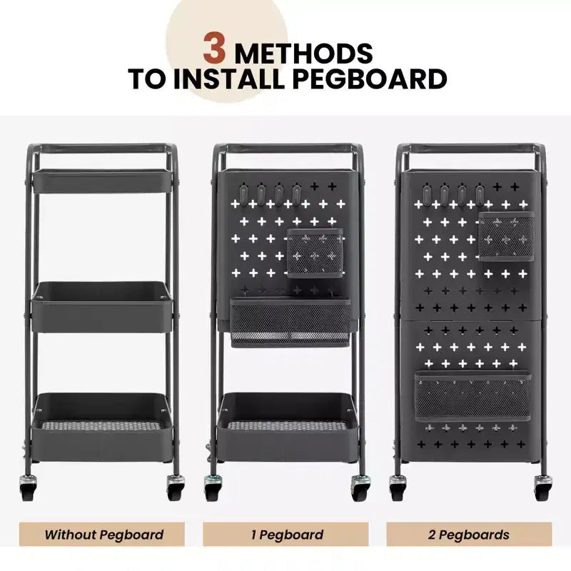 Chariot de rangement roulant à 3 niveaux avec double panneau perforé DIY, Chariot de service utilitaire mobile en métal sur roulettes pour cuisine et bureau