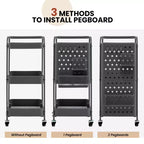 Chariot de rangement roulant à 3 niveaux avec double panneau perforé DIY, Chariot de service utilitaire mobile en métal sur roulettes pour cuisine et bureau