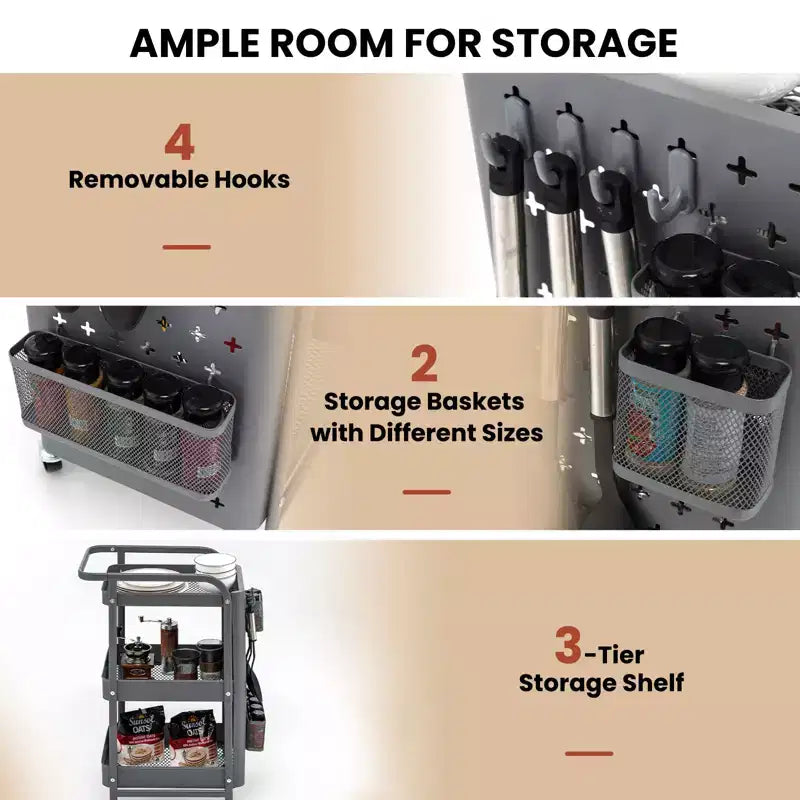 Chariot de rangement roulant à 3 niveaux avec double panneau perforé DIY, Chariot de service utilitaire mobile en métal sur roulettes pour cuisine et bureau