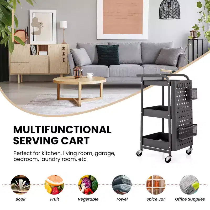 Chariot de rangement roulant à 3 niveaux avec double panneau perforé DIY, Chariot de service utilitaire mobile en métal sur roulettes pour cuisine et bureau