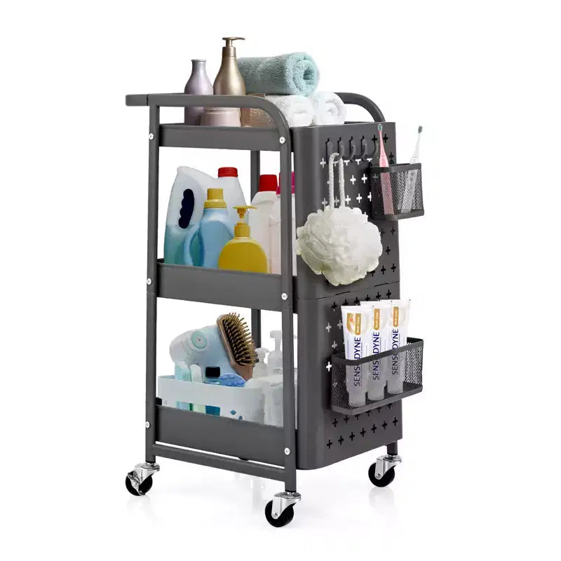 Costway 3-Tier Rolling Cart Storage Trolley Organizer w/ DIY Dual Pegboards, Mobile Metal Utility Cart on Wheels Serving Cart for Kitchen Office