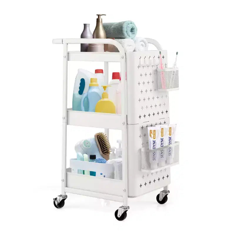 Chariot de rangement roulant à 3 niveaux avec double panneau perforé DIY, Chariot de service utilitaire mobile en métal sur roulettes pour cuisine et bureau